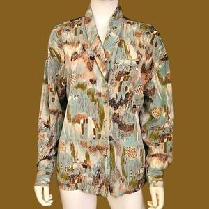 VTG APART 1980s Abstract Paintbrush Button Down Long Sleeve Blouse